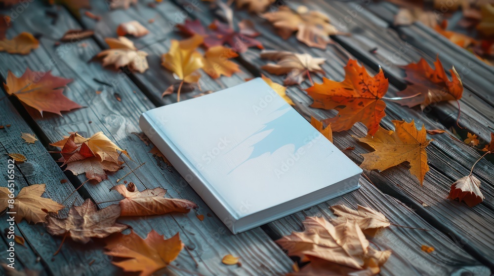 Aufkleber a white book is on a wooden table with a pile of autumn leaves. the book is open to a blank page, an