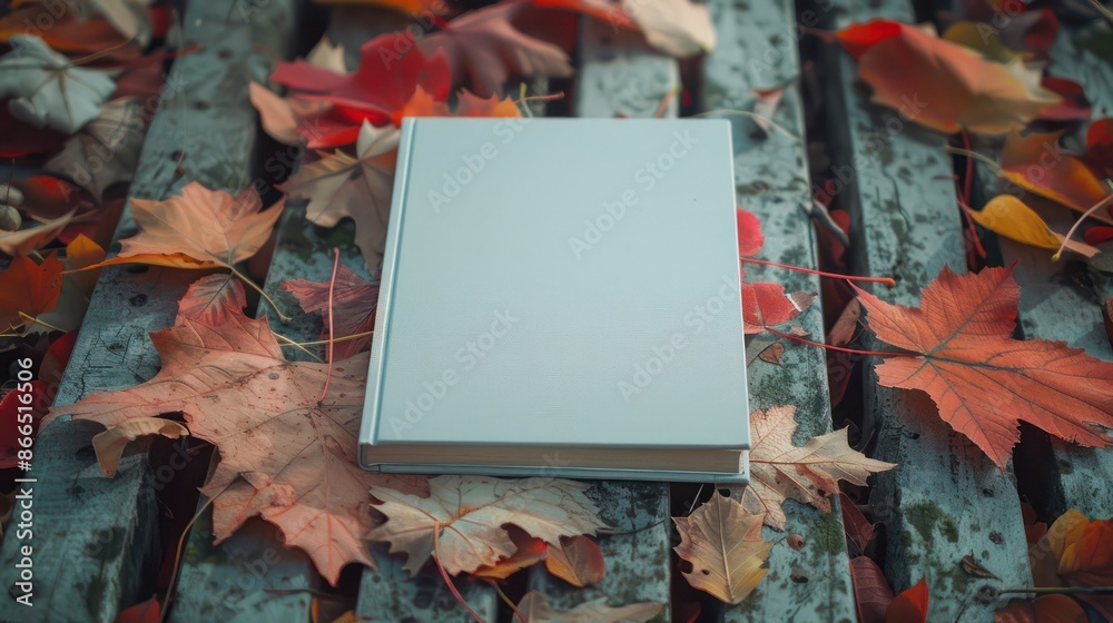 Poster a book is on a wooden bench with autumn leaves on the ground. the book is white and has no writing o