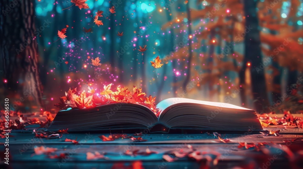 Aufkleber A book is open to a page with leaves falling from it. The leaves are scattered all over the page, creating a sense of magic and wonder