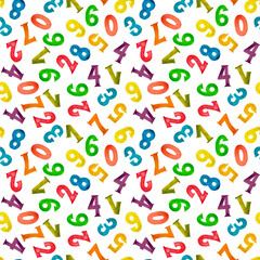 Fototapeta premium Seamless pattern of multicolored watercolor numbers. For textiles, textures and backgrounds. On a white background. 