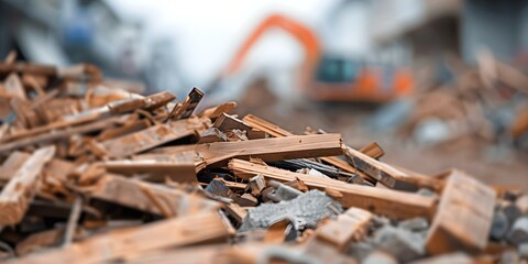 Using a Scrap Wood Pile for the Demolition of a Building. Concept Recycling Wood, Demolition, Sustainable Construction, Salvaged Materials, Circular Economy