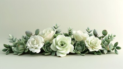 Obraz premium Minimalist Floral Centerpiece with Green Succulents and White Roses on Plain Background