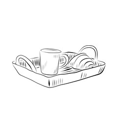drawing lines. art line tray with cup and croissant. Vector minimalistic design