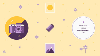 World Photography Day vector design with a camera, a camera roll, a mountain icon, photos, flowers, stars, and hearts. 