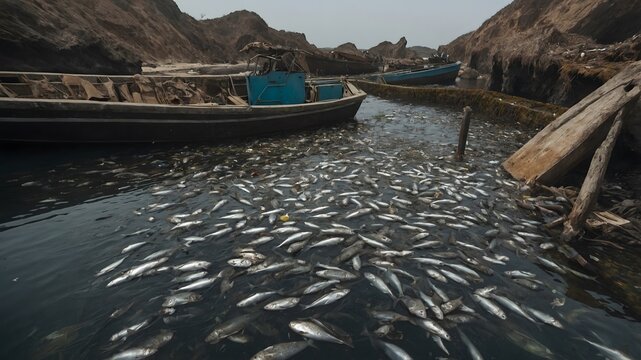Hundreds of dead fish floating with plastic waste and polluted in the sea. AI Generative.