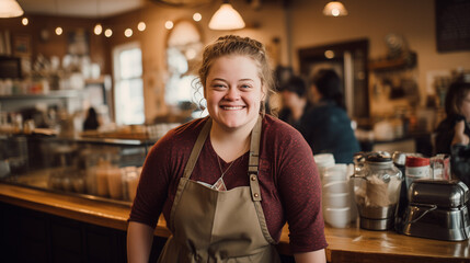 A cheerful coffee shop employee with Down syndrome, standing at the bar, looking joyful and smiling. Happy woman with an intellectual disability working at a local coffee shop