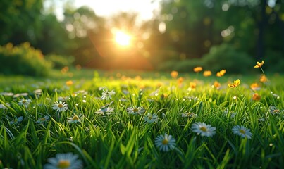 Summer meadow with lush green grass and blurred wild field background, offering stunning sunshine views and ample copy space.