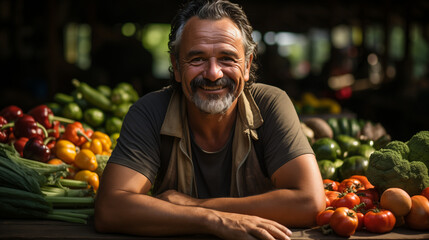 Fototapeta premium A farmer selling his organic grown vegetables and fruits at the local market 