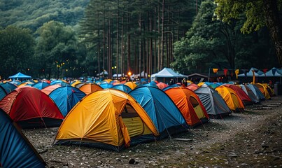 Vibrant shot of a tent city at an outdoor festival, capturing the essence of music and camping experiences.