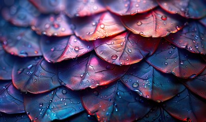 Fototapeta premium Metallic, iridescent fantasy scales shimmer in hues of purple and blue, their smooth, glossy texture resembling the exquisite scales of dragons or mermaids.