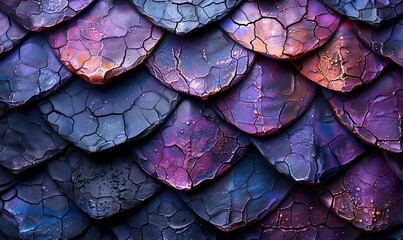 Enigmatic textures of dark dragon scales or mermaid scales up-close, shimmering in metallic purples and blacks, create a captivating fantasy panorama.