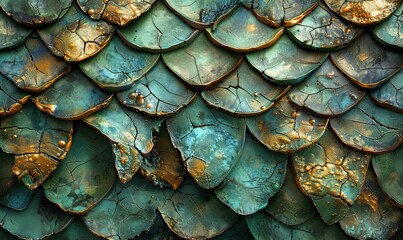 Fototapeta premium Enthralling fantasy backgrounds adorned with iridescent scales, reminiscent of a verdant forest dragon or shimmering mermaid, captivate with a kaleidoscope of green, blue, and metallic hues.