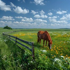 Naklejka premium Serene scene of horse in lush field.