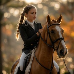 Obraz premium Rider patting horse affectionately.