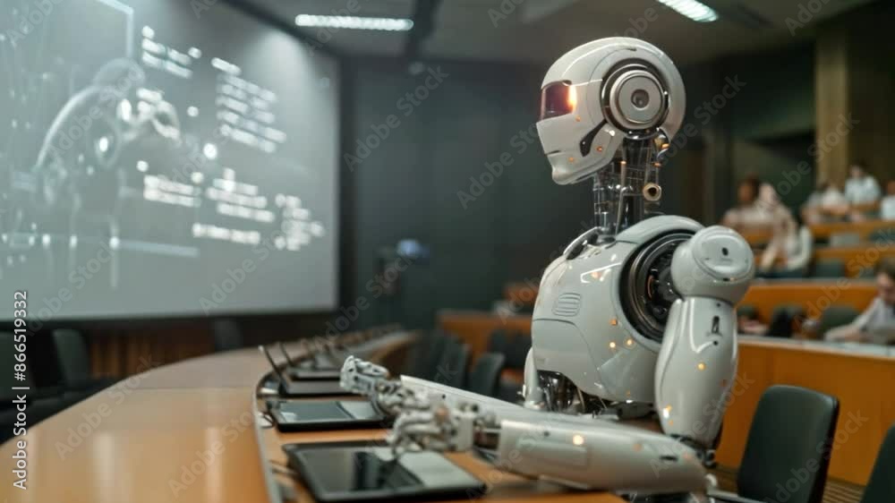 Poster A white robot sits at a desk in a classroom, using a laptop with a projector screen in the background.