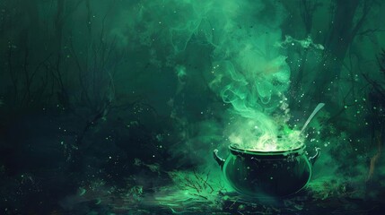 Enchanted green cauldron brewing magical potion in eerie forest setting with glowing smoke, fantasy and Halloween themed stock photo.