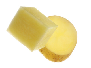 Fresh raw potato, cube and slice flying isolated on white, clipping path