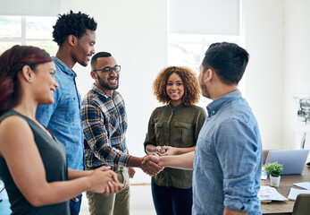 Creative, people and shaking hands in business meeting introduction, welcome or onboarding at...