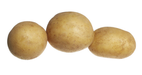 Group fresh raw whole potatoes isolated on white, clipping path