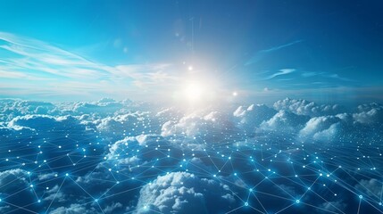 Seamless Digital Network Connections Stretching Across a Serene Blue Sky with Fluffy Clouds