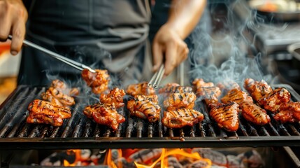 A chef is grilling chicken wings over an open flame.