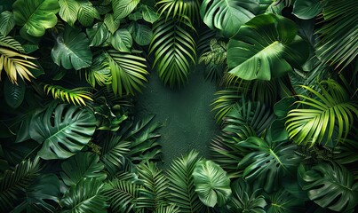Tropical forest backdrop with leafy border and central copy space for customization