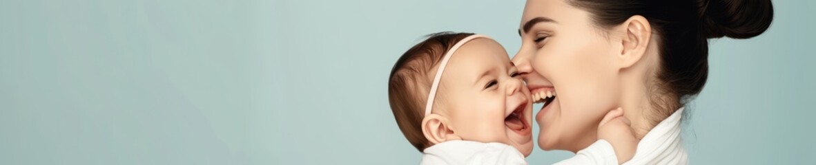 Fototapeta premium Happy mother holding and playing with her baby daughter against a light background, expressing love and joy. Perfect image for family and parenting themes.