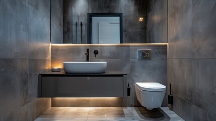 Architecture, sleek and modern bathroom with gray tiles and minimalist design, featuring elegant lighting and a floating vanity.