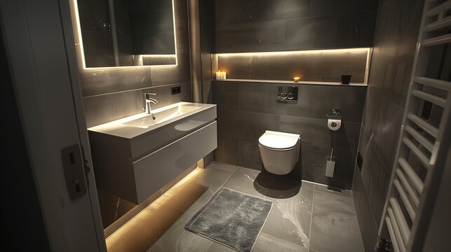 Architecture, sleek and modern small bathroom with gray tiles and minimalist design, featuring a well-lit vanity area.