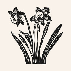 Hand-drawn vector daffodil flower clipart in scandi folk art style in block print style. Simple monochrome linocut illustration.