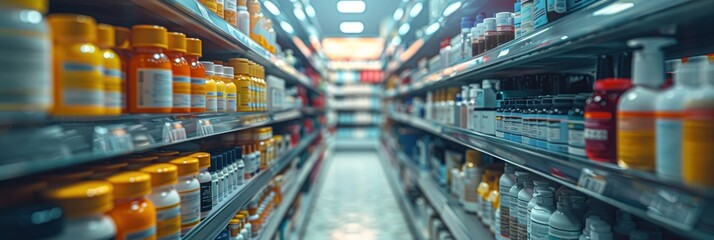 Aisle of Products in a Pharmacy or Supermarket