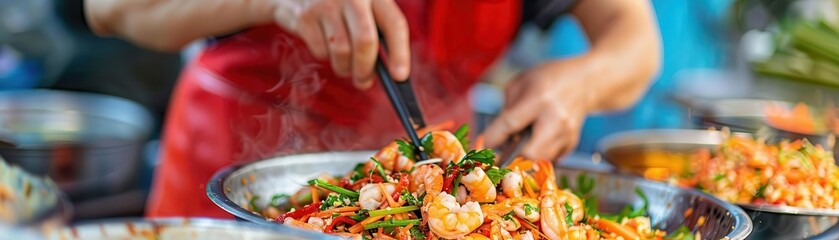 A street food vendor is preparing a delicious dish in a large bowl.