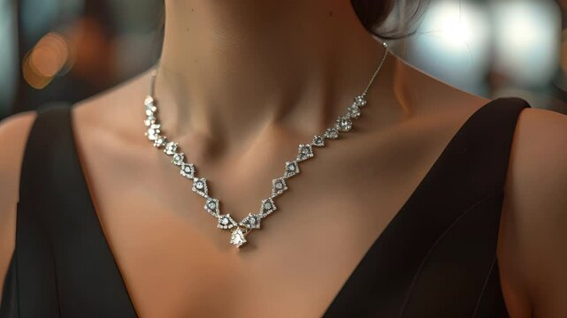 Diamond necklace on woman's neck at jewelry store