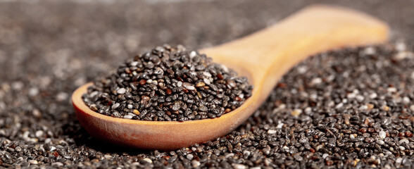 Chia seeds close-up with a wooden spoon. Chia seeds macro. Dry healthy supplement for proper nutrition.
