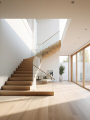 Fototapeta premium Interior of modern living room with white walls, wooden floor, staircase and white sofa. 3d rendering