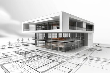 3d render of a contemporary house juxtaposed with detailed architectural blueprints
