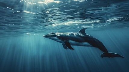 Obraz premium Whale swimming in sunlit ocean depths. Majestic whale gliding through clear blue water, illuminated by sun rays, showcasing the beauty of marine life.
