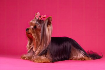 Yorkshire terrier puppy on a pink background in the studio