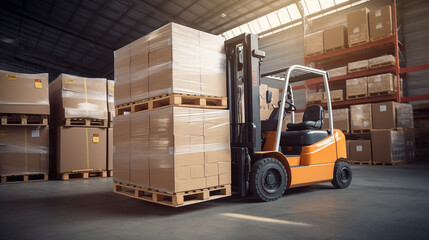 Forklift loader in warehouse. Cargo freight transportation and distribution warehouse.