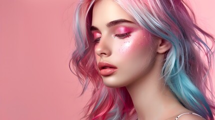 Naklejka premium Captivating Model with Pastel Ombre Hair and Trendy Vibrant Makeup