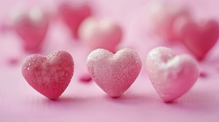 Fototapeta premium Pink glitter hearts on pink background. Three pink glitter hearts in focus on pink background with blurred hearts in background, Valentines Day concept.