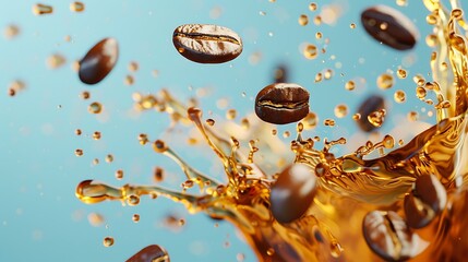 Coffee splash with coffee beans isolated on a blue background