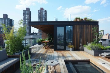 Obraz premium Chic rooftop patio with greenery, seating, and pool overlooking urban skyline