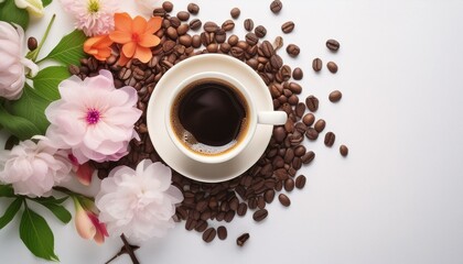 Fototapeta premium Composition : tasse de café, graines et fleurs sur fond blanc