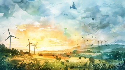 Sustainability and eco-friendly concept.  Watercolor-style illustration featuring wind turbines on a lush, green landscape at sunrise. 