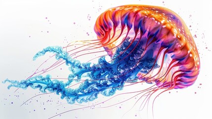 Vibrant and Colorful Jellyfish Floating Gracefully in Clear Water with White Background