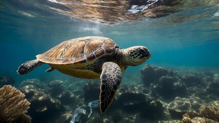 Obraz premium Green Sea Turtle swimming in blue sea water. Ai Generative.