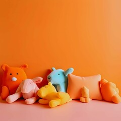 Playful Soft Toys Against Orange Wall:AI-Generated 