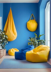 Blue and Yellow Bean Bags with Blue Wall Background:AI-Generated 