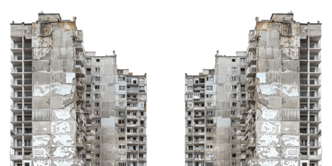 Ruined skyscrapers isolated on transparent or white background 